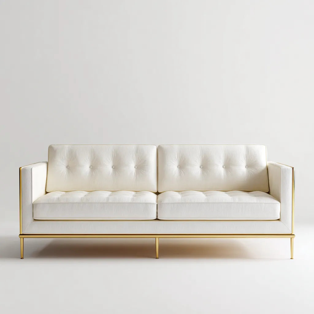 Sofá de 3 plazas 210x88x82 cm - tela blanca y metal dorado - diseño moderno con respaldo capitoné