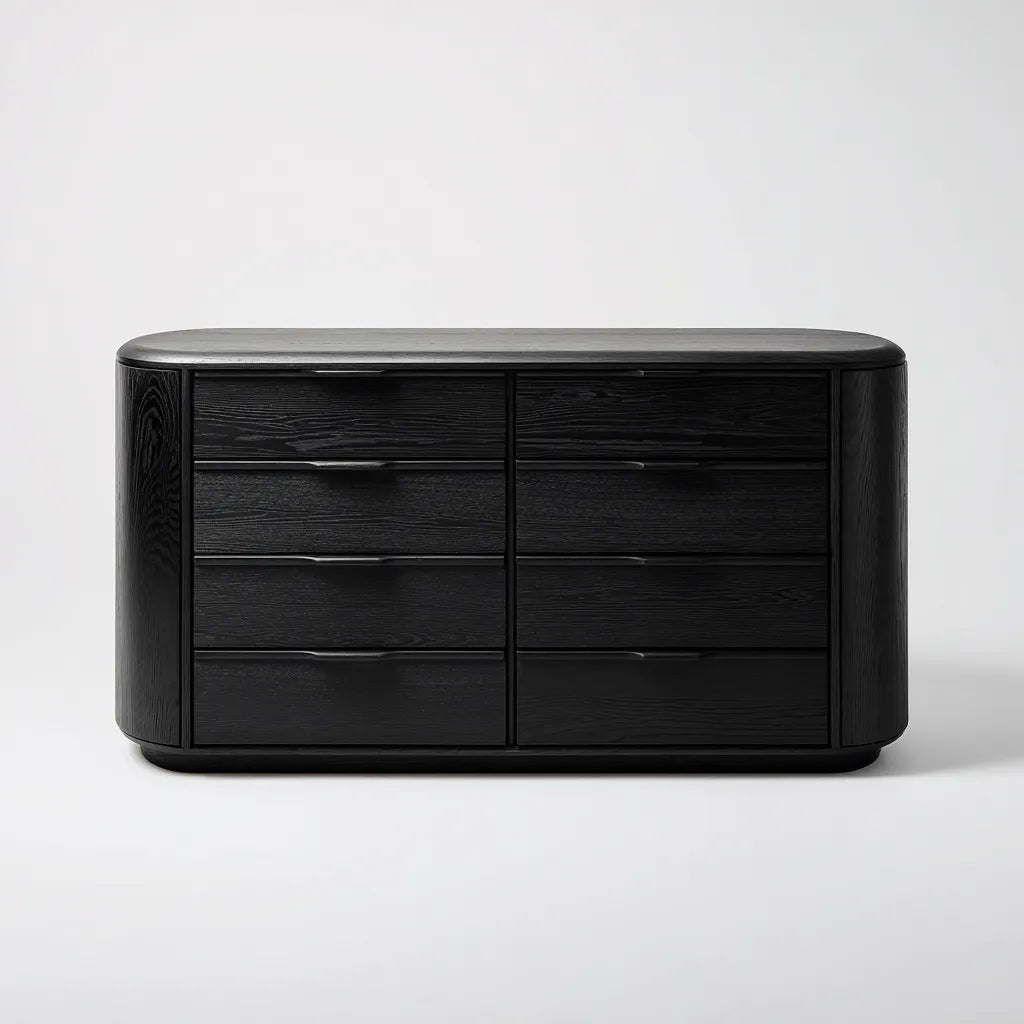 Armario con cajones 140x45x80 cm - madera negra - diseño bajo de líneas curvas para sala de estar
