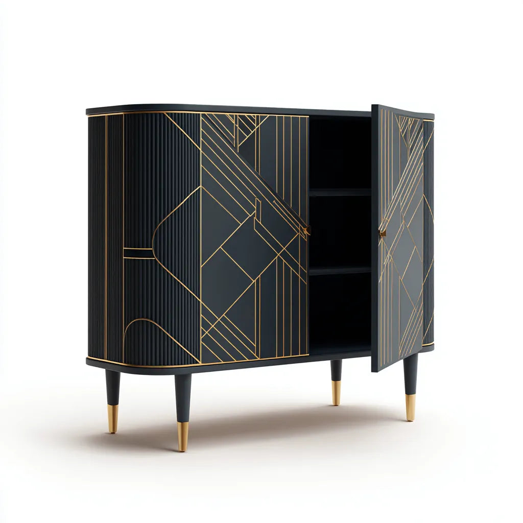 Aparador de comedor 105x42x120 cm - madera negra y dorada - diseño geométrico con almacenamiento cerrado