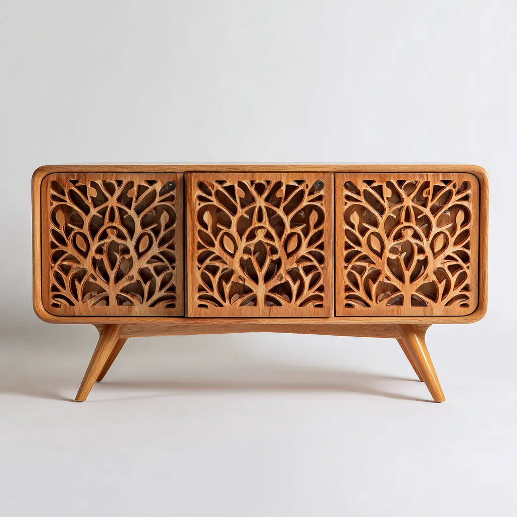 Aparador 150×40×80 cm - natural - almacenamiento para Comedor - puertas caladas con diseño floral decorativo