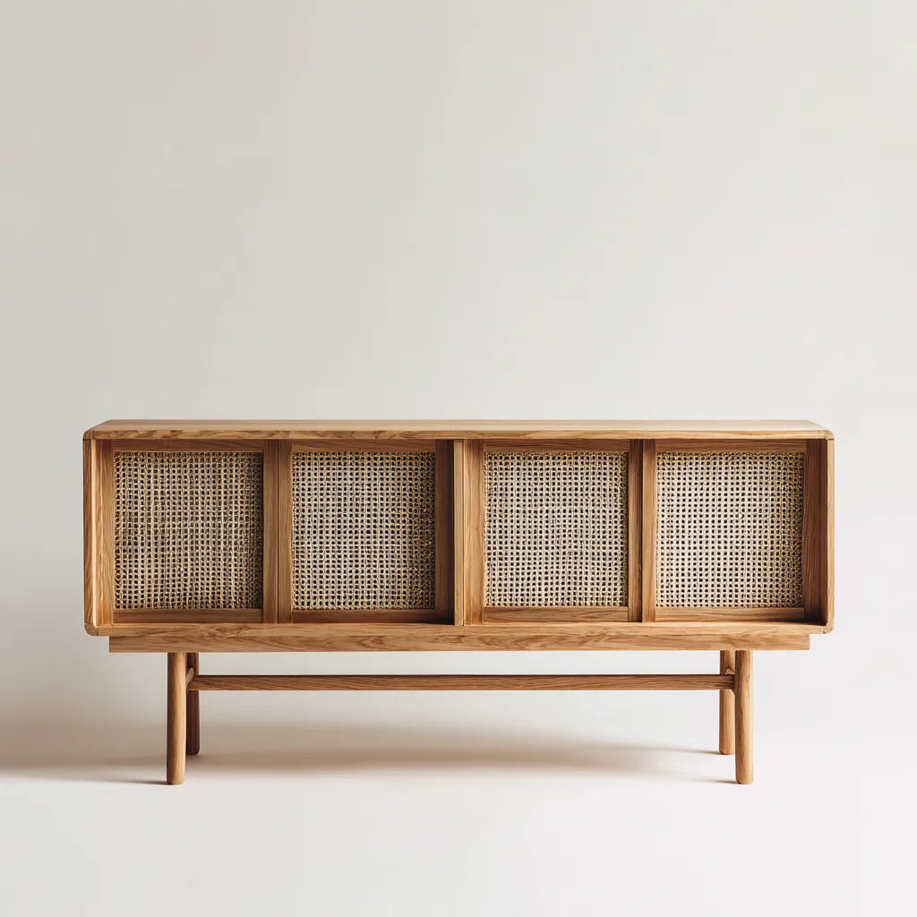 Aparador 160×42×82 cm - natural - almacenamiento para Comedor - frentes de rejilla tejida y diseño nórdico