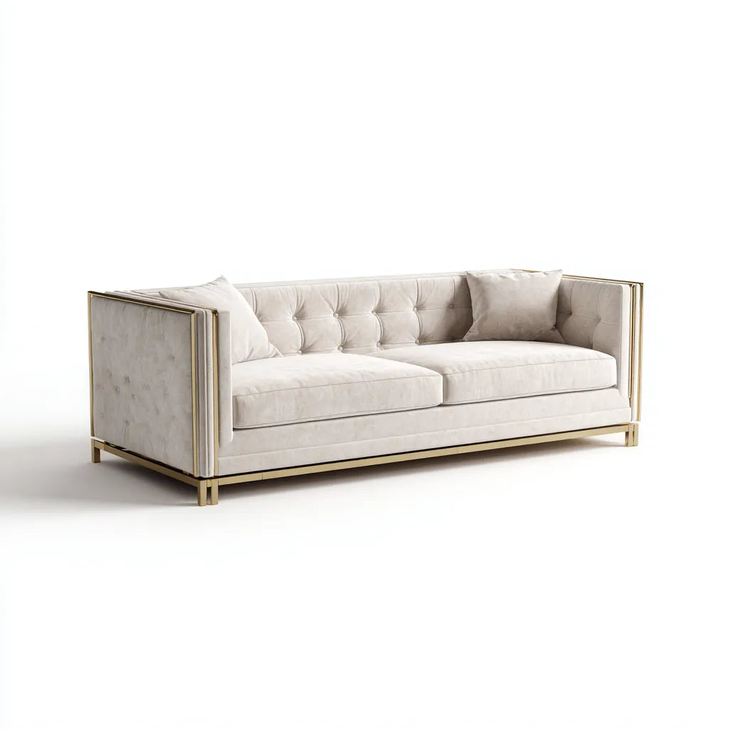 Sofá de 3 plazas 205x92x80 cm - tela beige y metal dorado - estilo contemporáneo con respaldo acolchado