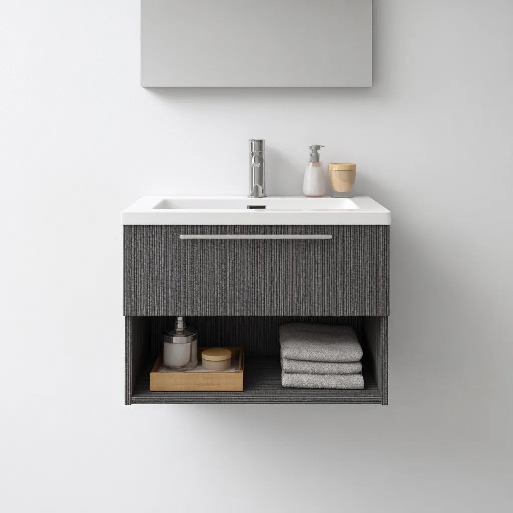 Mueble de lavabo suspendido 100×48×62 cm - gris y blanco - diseño moderno con espacio abierto