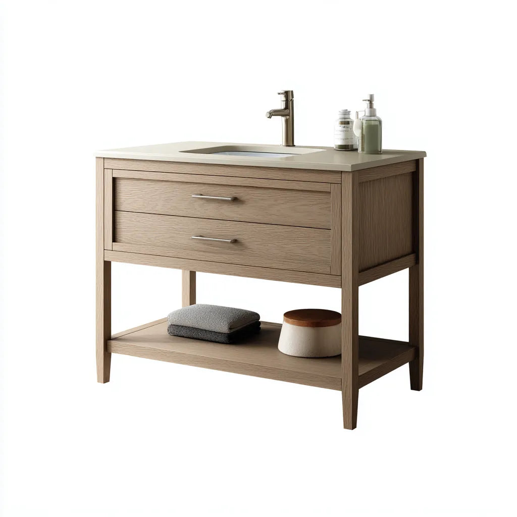 Mueble de baño con lavabo 90x50x85 cm - madera y cerámica beige - diseño abierto con almacenamiento